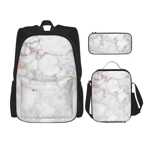 WURTON Schulrucksack-Set mit weißem Marmor, rotgoldener Druck, 3-in-1, Büchertaschen-Set mit Lunchbox, Federmäppchen, Reise-Laptop-Tagesrucksäcke