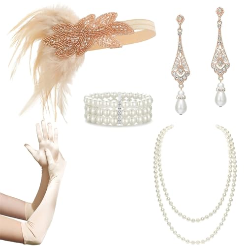 SANRLO Stirnbänder, Haar-Accessoires für Damen, Vintage-Flapper-Kostüm, 1920er-Jahre, GreatGatsby-Kopfschmuck, Satin, Handschuhe, Ohrringe, Halskette, Abschlussball, Party-Zubehör-Set