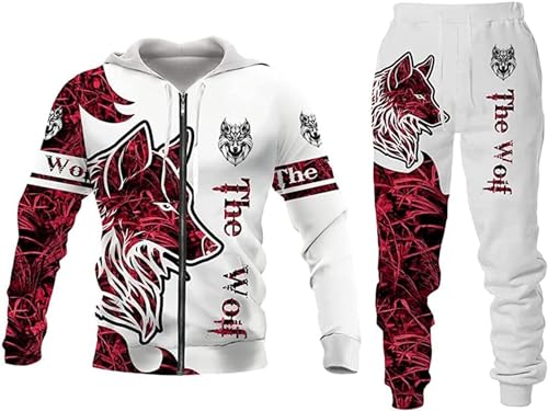 RIAAJ Herren Anzug Löwe Wolf 3D gedruckt Hoodie Hose Anzug Herren Herbst Freizeit Trainingsanzug Tiere (F2,2XL)