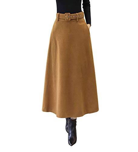 Damen Retro Elegante Lang Wollrock a Linie Passenden Gurt Herbst Winter Warm Röcke Langen Wolle Rock Hohe Taille Ausgestelltem Feste Farbe Rock (L (Taille: 76 cm), Gelb)