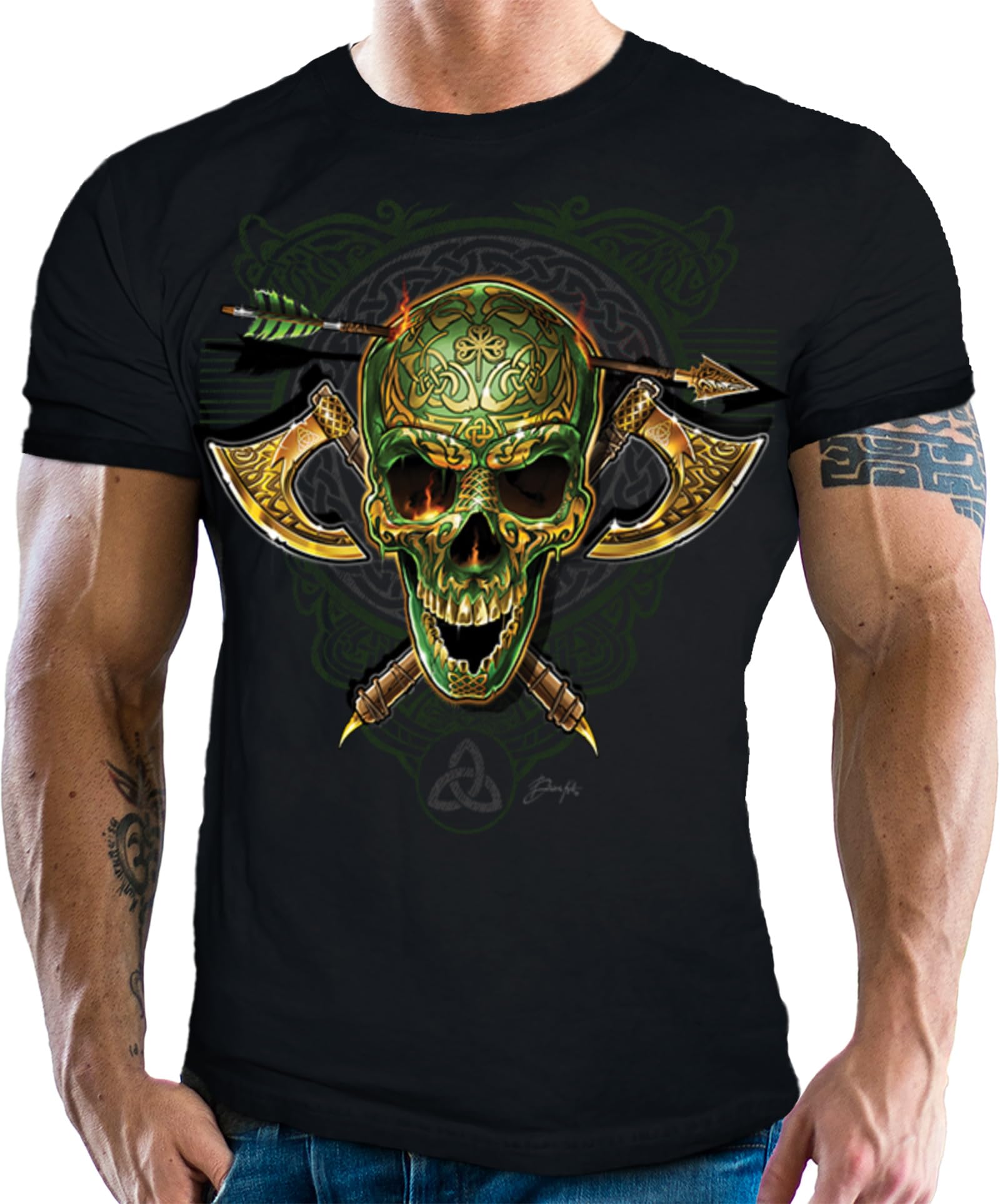 Herre T-Shirt für Wikinger Nordic Keltic Fans der nordischen Mythologie: Warrior Skull Gold