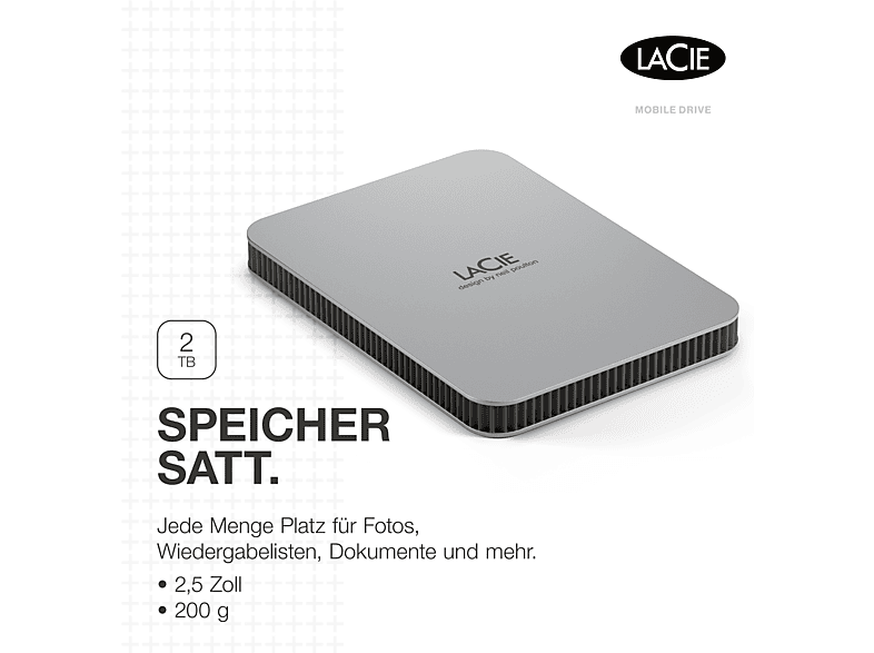 LACIE Mobile Drive Festplatte, 2 TB HDD, 2,5 Zoll, extern, Moon Silver