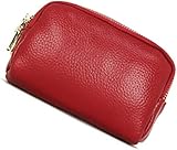 VSULZVNU Kartenetuis mit 3 Reißverschlüssen, Unisex, echtes Leder, Handtasche, Tasche, Rindsleder, Clutch, einfache Münzbörse, modische Geldbörse mit Schlüsselanhänger (Farbe: Rot)