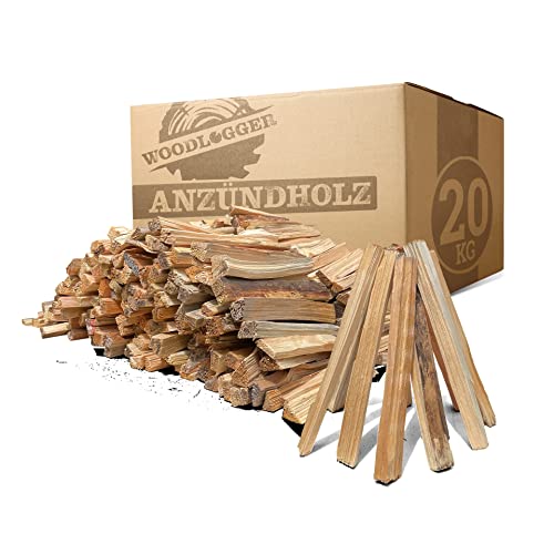 Woodlogger 20 KG Anzündholz I trockenes Anfeuerholz I premium Anmachholz I ofenfertiges Brennholz I Holz für Kaminofen, Lagerfeuer, Feuerschalen, Ofen I sauberes Grillholz I hochwertige Kaminanzünder