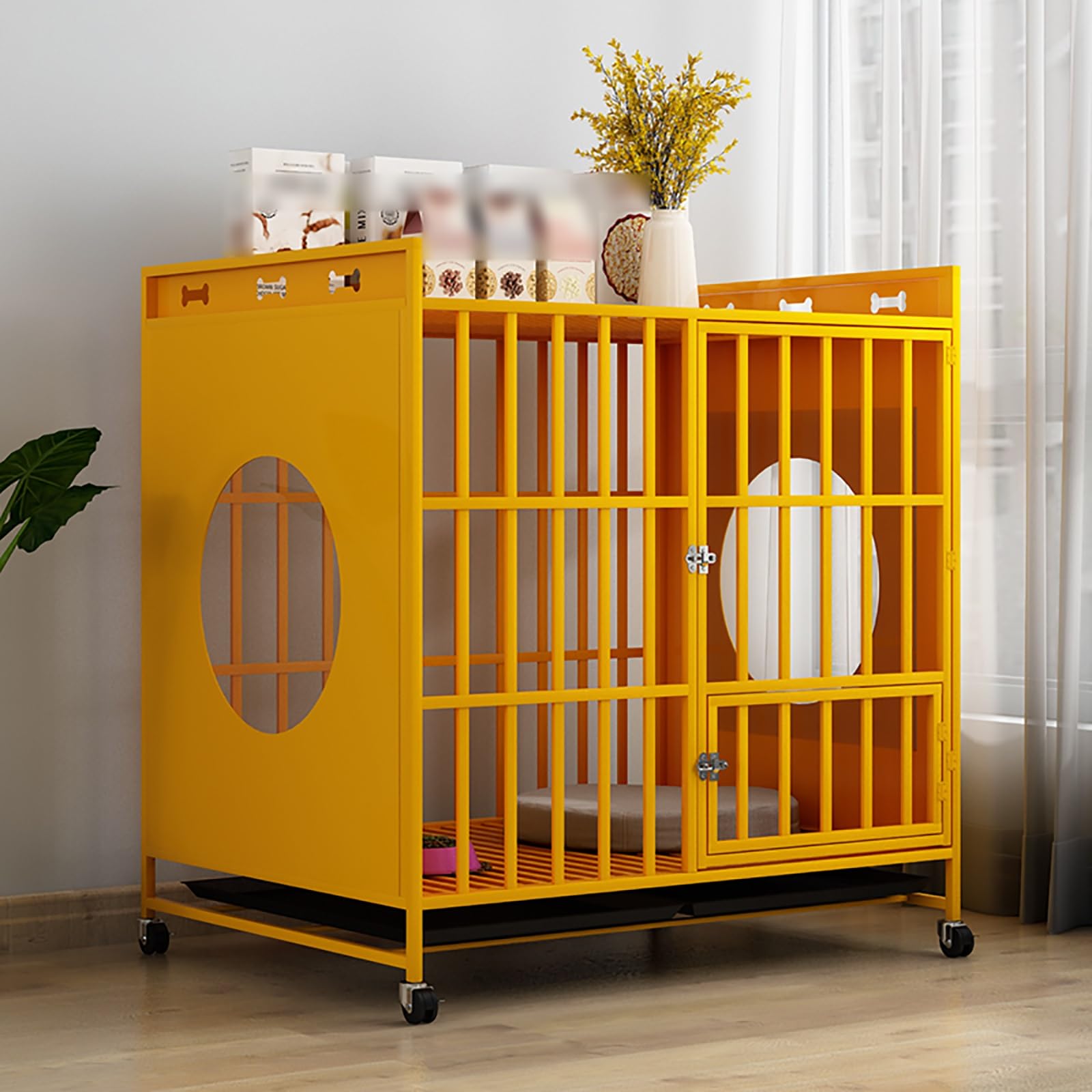 Hundekäfig-Möbel auf Rädern, 2-in-1-Hundekäfig-Möbel, Hundehaus-Dekoration, Haustierhaus, Hundekäfig-Beistelltisch, Hundehütte für den Innenbereich (Yellow 95cm)