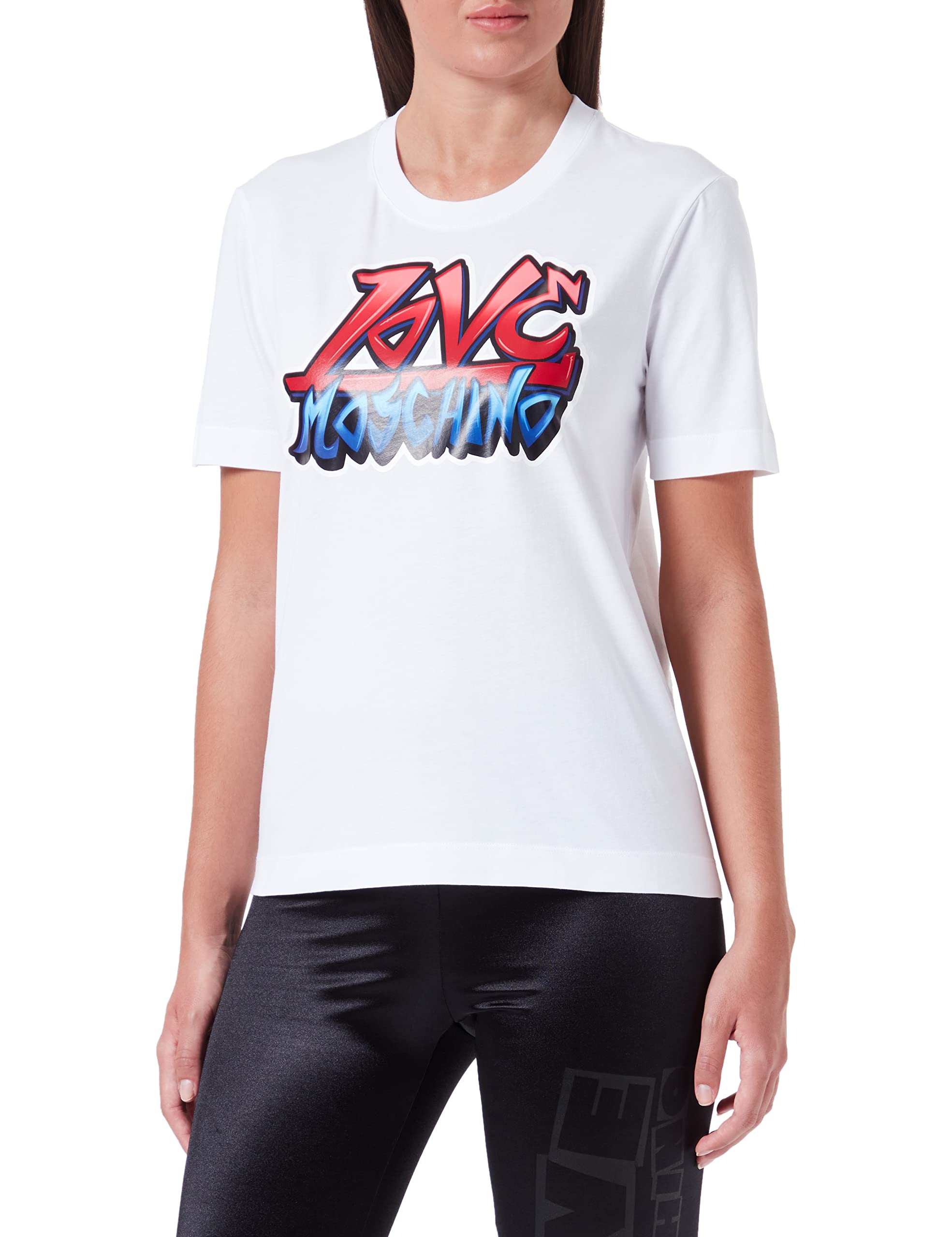 Love Moschino Damen Regular Fit Short Sleeves T-shirt With Graffiti Print T Shirt, Optical White, 40 EU