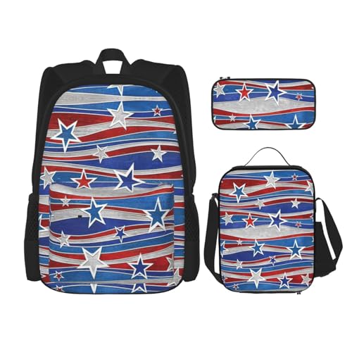 WURTON Patriotische Sterne Streifen Unabhängigkeitstag Druck Verstellbare Schultergurte Rucksack Set Mittagessen Tasche Federmäppchen Kombination Taschen Set