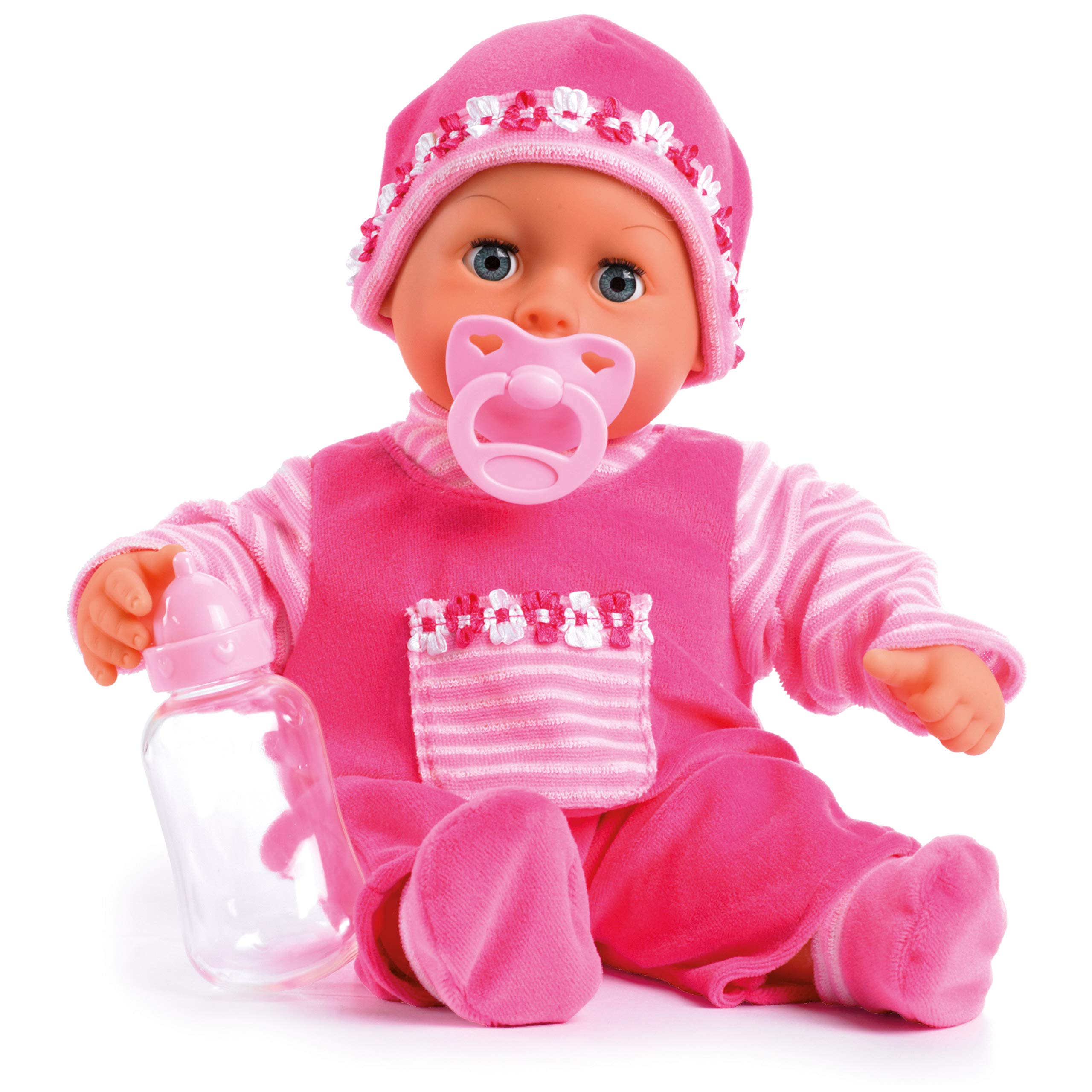 Bayer Design 93800-pink 93825AA Babypuppe First Words, Schlafaugen, spricht 24 Babylaute, weicher Körper, mit Schnuller und Flasche, 38 cm, pink