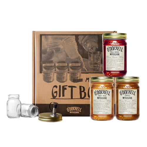 O'Donnell Moonshine Geschenkbox | 3 x 350ml | 2 x Shotgläser + Ausgießer | Premium Schnaps nach amerikanischer Tradition | Likör | vegan | natürliche Zutaten (Harte Nuss/Pralle Kirsche/Toffee)