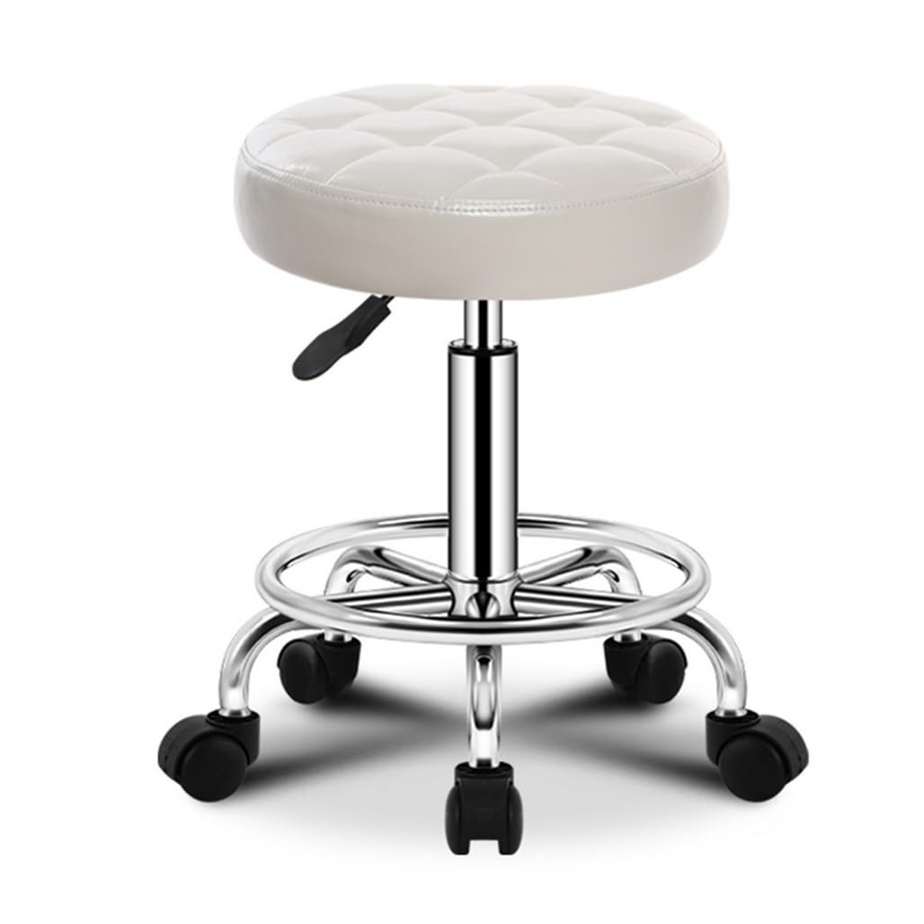 ZHOUXIAO PU Leder Rund Rolling Stool Shop Bar Hocker mit Rädern, Schwenkhöhenanpassung Rollinghocker mit Rädern Spa -Zeichnungs Salon Tattoo Office Massage Stuhl Kissen White