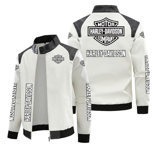 RYNDEX Lederjacke Herren Har.ley David-son, Kunstlederjacke Reißverschluss, PU Bikerjacke für, Kunstlederjacke(White,L)