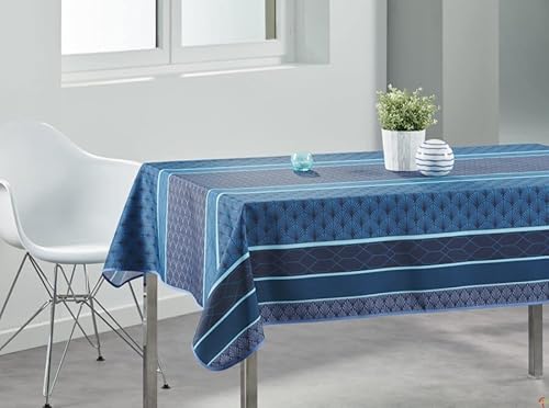 Villages de Provence Rechteckige schmutzabweisende Tischdecke - Faltenbeständig und 100% Polyester - Blau - 240x150 cm - Coquillage - 6/8 Besteck - Innen oder Außen - Esstisch, Küche oder Garten