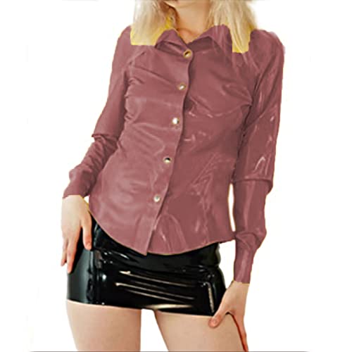 Office Lady Autumn PVC Bodycon Langarm Tops PU Leder Shirts Top Button Up Elastische Jacke Bluse, Dunkelrot, S