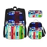 WURTON Chemie-Reagenzglas-Druck, trendige Rucksacktaschen, Lunchbox und Federmäppchen, 3-in-1 verstellbares Rucksack-Set, schwarz, Einheitsgröße, Schwarz , Einheitsgröße