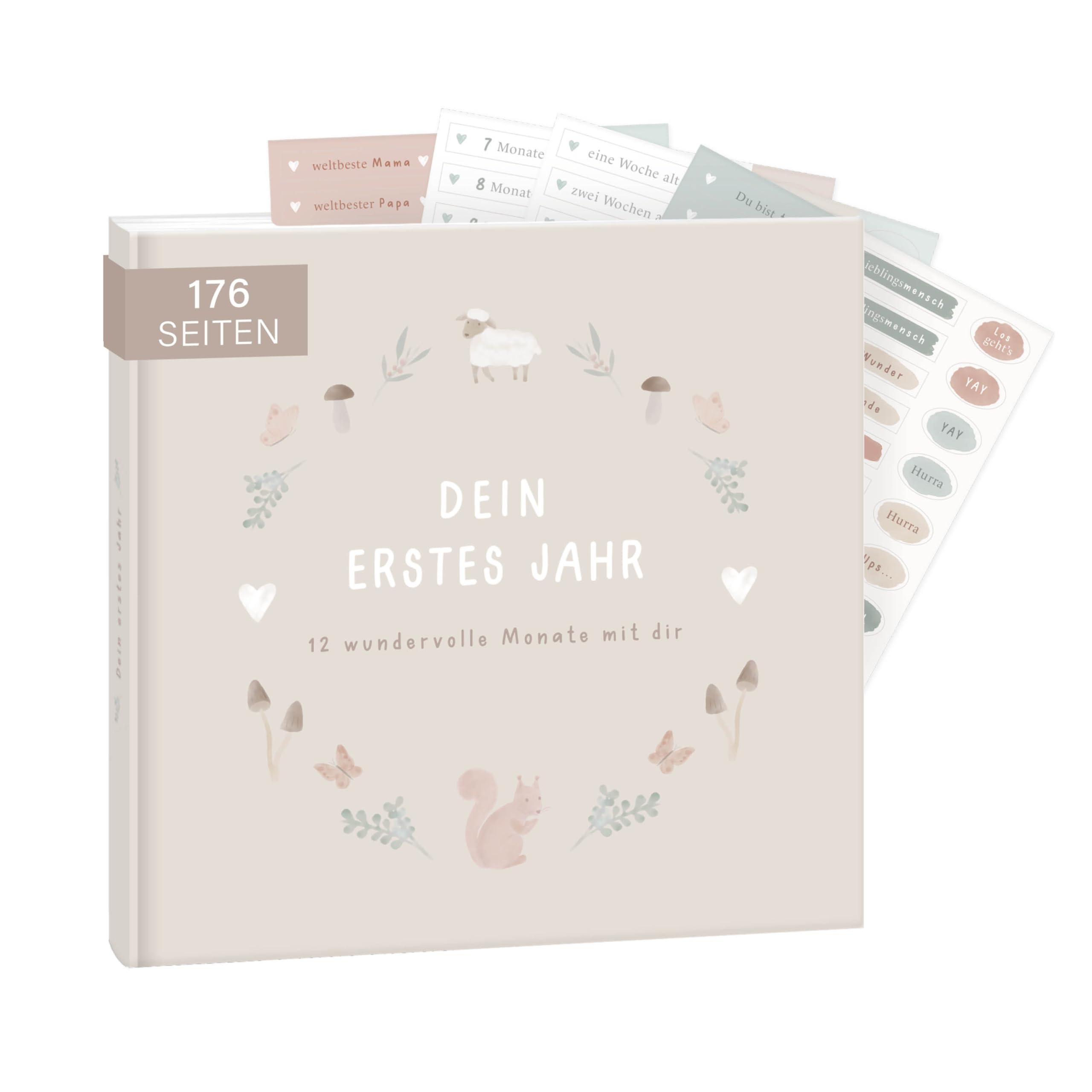 mintkind® Babyalbum "Mein erstes Lebensjahr" Wald + Sticker Set | Baby Fotoalbum zum Selbstgestalten | Baby Geschenk für Mädchen und Junge | Babybuch zum Eintragen | Baby-Tagebuch ab 0 Monate