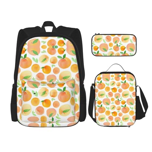 WURTON Schulrucksack-Set mit Pfirsich-Druck, 3-in-1, Büchertasche, mit Lunchbox, Federmäppchen, Reise, Laptop, Tagesrucksack