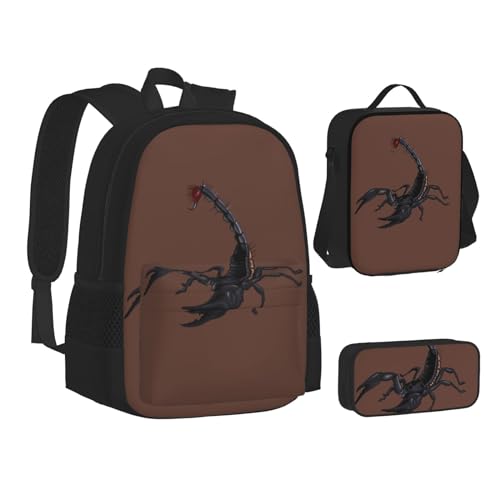 WURTON Büchertasche mit Skorpion-Aufdruck, Federmäppchen, 3-in-1, Schulrucksack-Set, Kinderrucksack