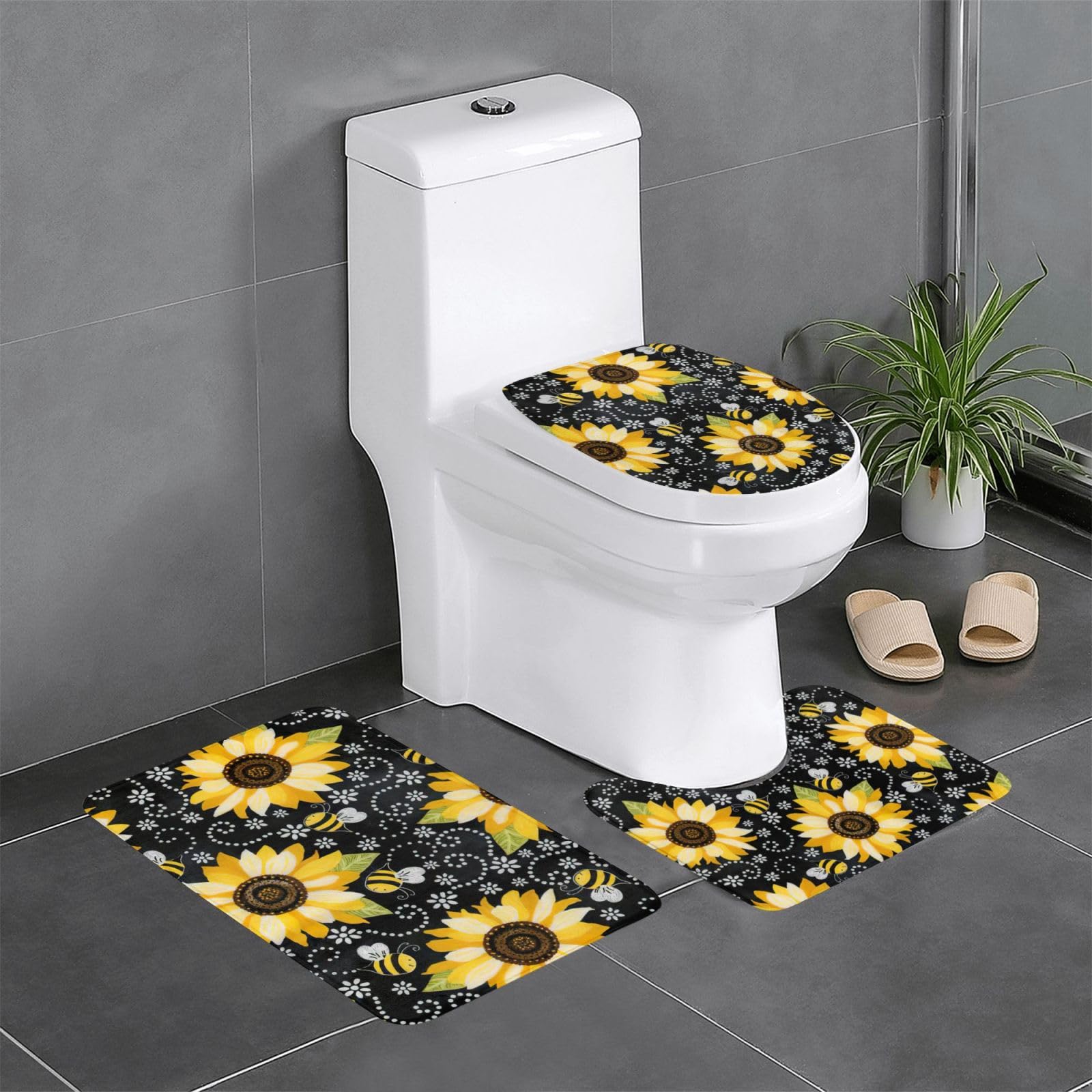 Wurton Badezimmerteppich-Set mit Sonnenblumen-Motiv, Polyester, stilvoll, funktional, 3 Stück