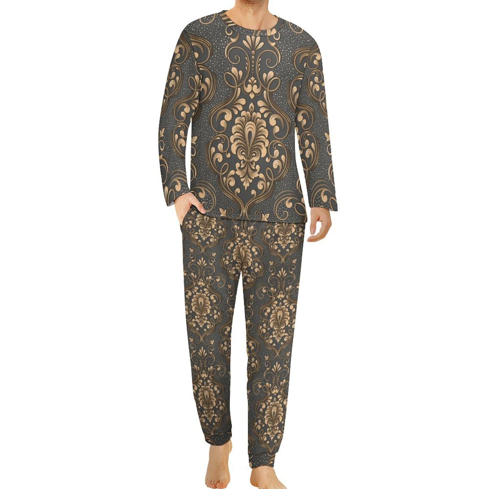 HABXNJF Herren Rundhals Pyjama Set, Rokoko Paisley Floral mit Gold Pyjama für Männer, Herren Pyjama mit Taschen, Rokoko Paisley Floral mit Gold, XL