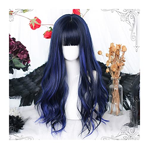 Perücke für Frauen Schwarz-blaue Perücken mit ordentlichem Pony for Frauen, lange lockige, wellige Haarperücke mit Pony, natürliche synthetische Cosplay-Ersatzperücke Human Hair Wig