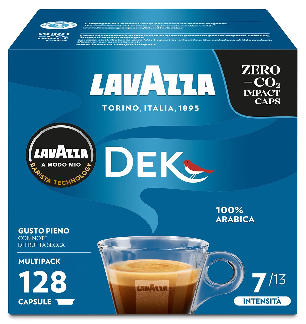 Lavazza A Modo Mio Dek Cremoso, 128 Kaffeekapseln, für einen entkoffeinierten Espresso mit Noten von Mandeln und Canditi, 100% Arabica, Intensität 7/13, mittlere Röstung, 8 Packungen x 16 Kapseln