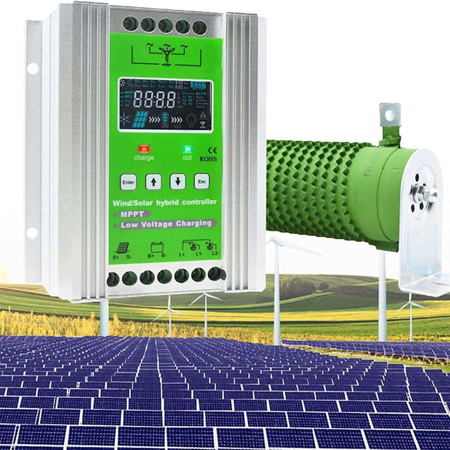 GLBMXDD 12 V/24 V Solar-Windkraft-Zubehör, intelligenter Regler, 2000 W Wind-Solar-Hybrid-Laderegler mit LCD-Display,1400W