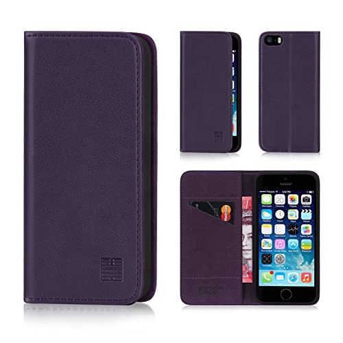 32nd Klassische Series - Lederhülle Case Cover für Apple iPhone 5, 5S & SE (2016), Echtleder Hülle Entwurf gemacht Mit Kartensteckplatz, Magnetisch und Standfuß - Aubergine