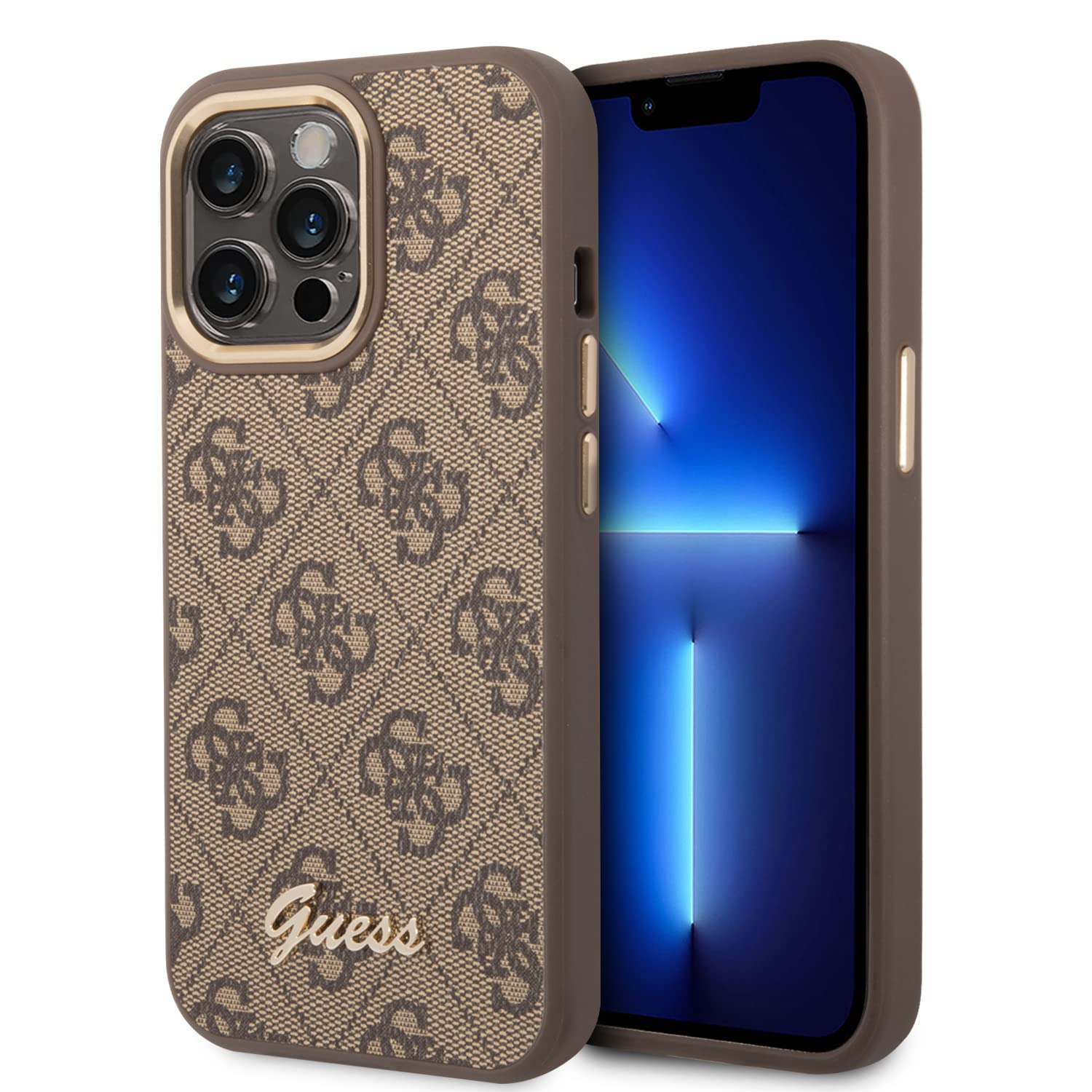 Guess Handyhülle für iPhone 14 Pro in Braun 4G Muster & Script Logo, Anti-Scratch PC/TPU, Bequem & Durable Hard Case mit Zugänglichen Anschlüssen & Stoßdämpfung