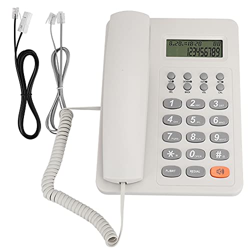 Festnetztelefon, Englisches Büro-Desktop-Telefon, DTMF FSK Dual-System-Festnetz mit LCD-Display, Kabelgebundenes Festnetztelefon, Echtzeit-Anrufer-ID für Büro, Zuhause, Hotel (Weiss)