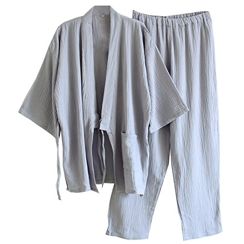 Männer Japanischen Stil Robes Crepe Baumwolle Kimono Pyjamas Morgenmantel Set-Größe L Grau