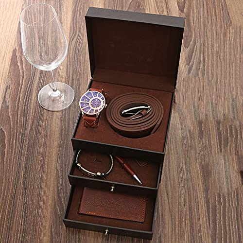 NEWNAN 6 Stück/Set Herren-Geschenkset, Mode-Business-Geschenkbox, 3-lagige Uhr, Ledergürtel, Armband, Geldbörse, Schlüsselanhänger, Stift für Männergeschenke (Farbe: Weiß-Patch Five-Pointed Star4)