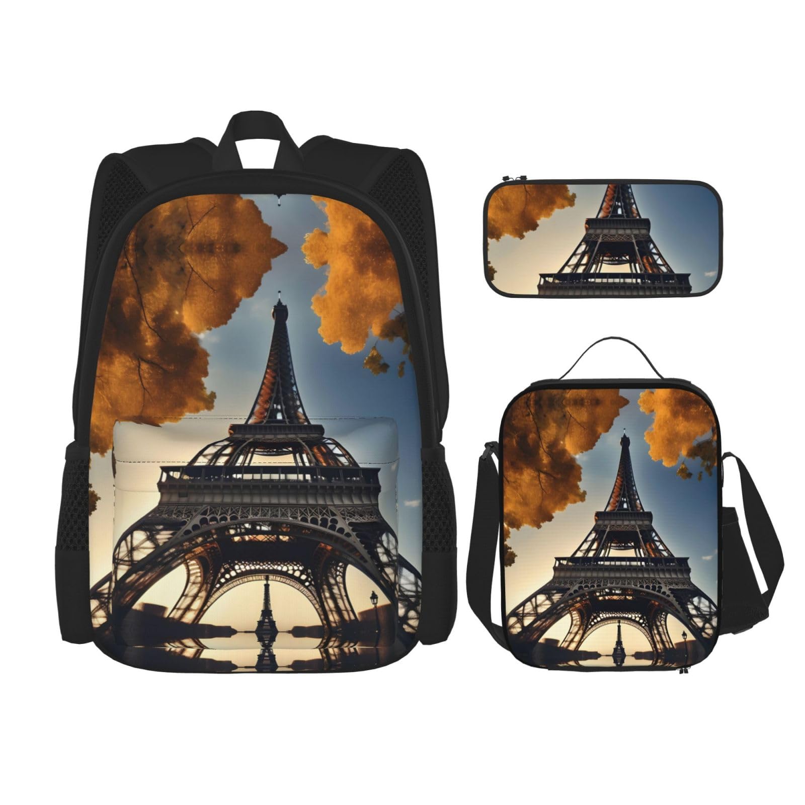 YQxwJL 3-in-1-Rucksack-Büchertaschen-Set, violettes Rosen-Skelett-Druck, lässiger Reiserucksack, mit Federmäppchen, Lunchtasche, Schöner Eiffelturm Paris, Einheitsgröße