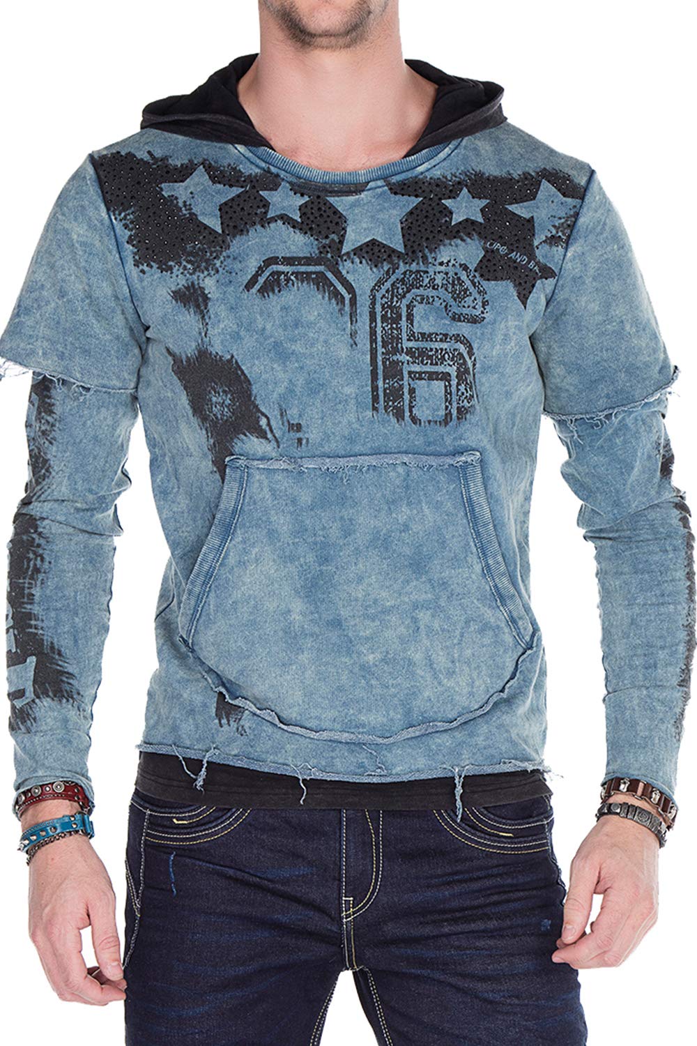 Cipo & Baxx Herren Sweatshirt Lagenlook Rundhalsausschnitt Kapuzenpullover Sweatshirt Design Longsleeve Indigo XL