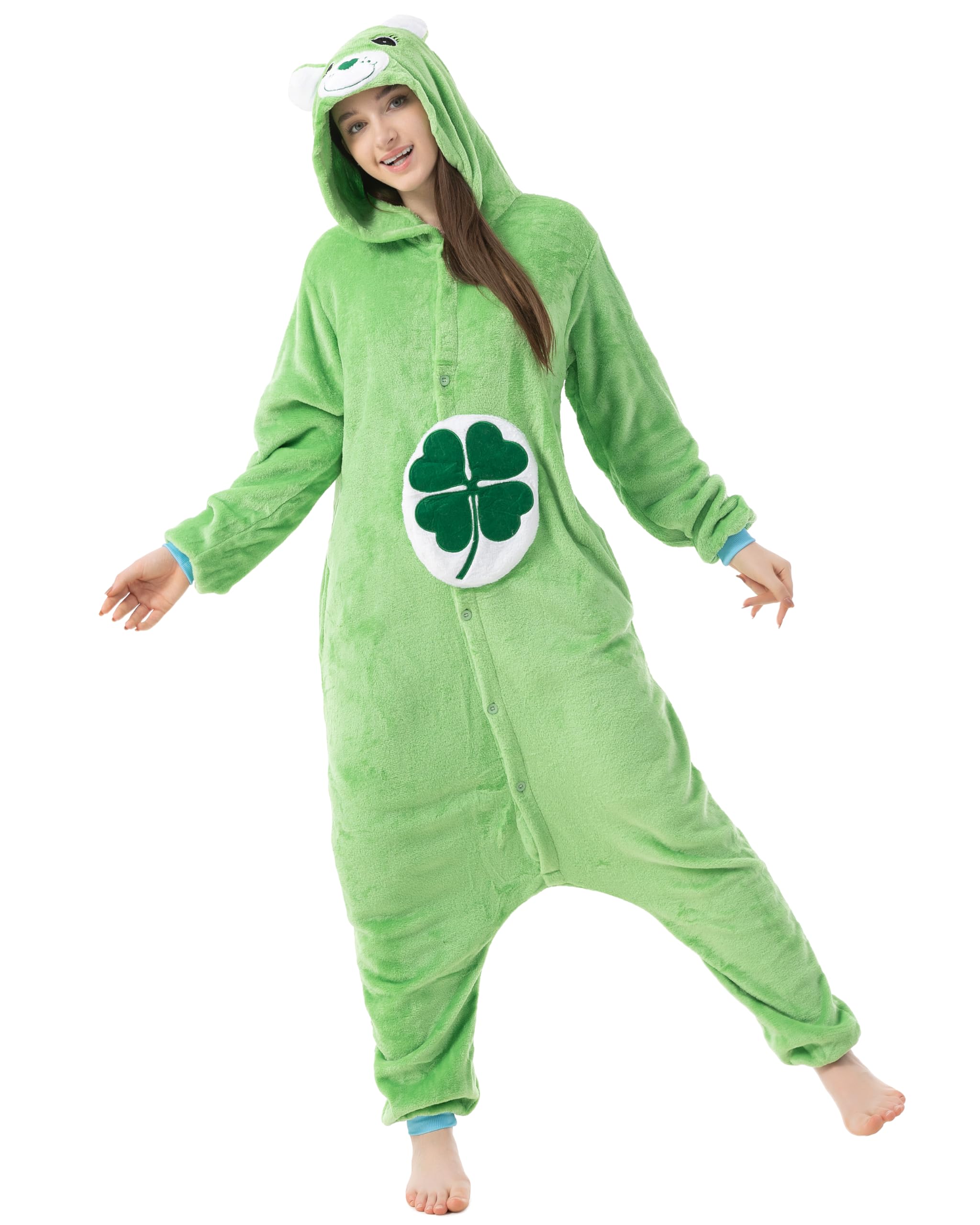 Glücksbärchi-Kostüm Onesie Kleeblatt, Lucky Bär, Karnevals-Kostüm, Verkleidung zum Fasching, Schlafanzug, Grün