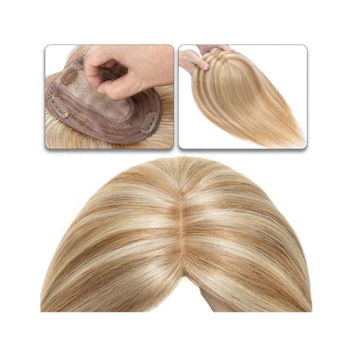 Haartopper für Frauen Haaraufsätze for Frauen, 15,2–45,7 cm, Mittelteil, Echthaaraufsatz, Haarteil, 10 x 12 cm, Seidenbasis mit 4 Clips, glatter Haaraufsatz for dünner werdendes Haar, Haarausfall Haar