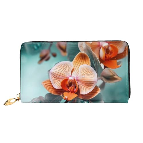 DENMER Gelbe Blumen Schmetterlinge Leder Geldbörse Kunstleder mit metallischem Reißverschluss geräumiges und stilvolles Accessoire für moderne Frauen Produkt, Orchidee in Blaugrün und Orange,