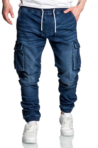 Amaci&Sons Herren Sweathose in Stretch Denim Männer Cargo Jogging Jeans 7024 Dunkelblau W32