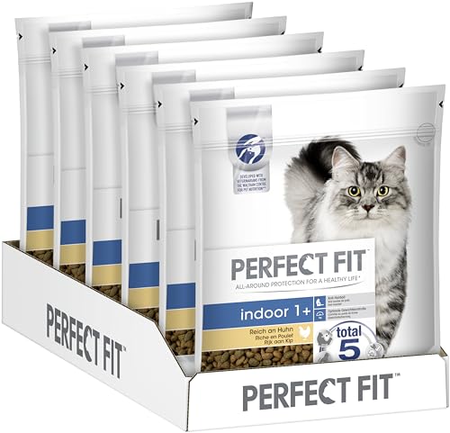 Perfect Fit Indoor 1+ – Trockenfutter für erwachsene Hauskatzen ab 1 Jahr – Reich an Huhn – Unterstützt die Vitalität – 6 x 750 g