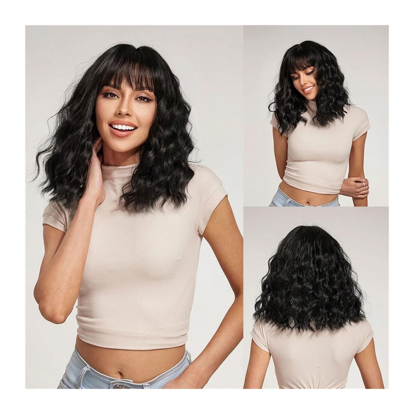 Perücken Ersatzperücke for Damen, tägliche Party, 35,6 cm, kurze synthetische Bob-Perücke, gewellt, Ombre-Kupferblond, Haarperücken mit Pony Damenperücke(LC8117-1)