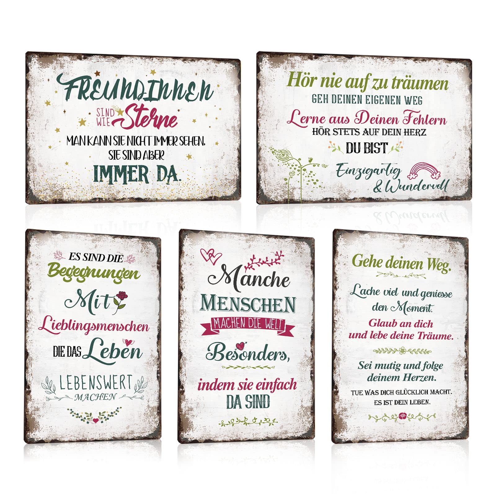 5er Set Blechschild sprüche - GEH DEINEN WEG - FREUNDINNEN SIND WIE STERNE - Begegnungen Mit Lieblingsmenschen - Vintage Schild Wand Dekoration Metallschild Türschild Geschenk 20x30cm