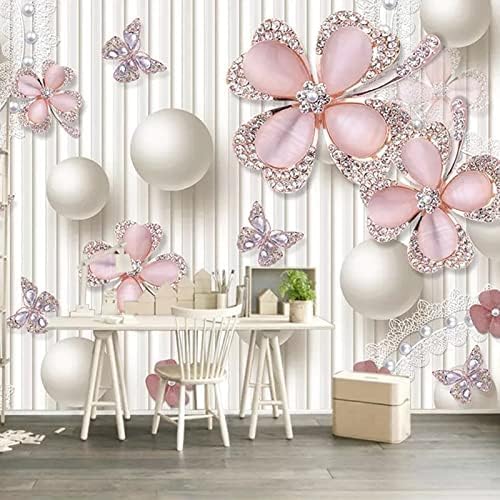 XLMING Schmuck Rosa Schmetterling Krone Ball Küche Esszimmer Arbeitszimmer Wohnzimmer TV Hintergrund Wand 3D Tapete-300cm×210cm