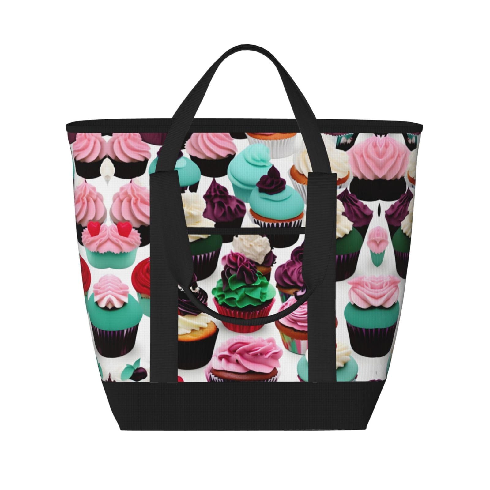 YQxwJL Isolierte Kühltasche mit köstlichem Cupcake-Aufdruck, großes Fassungsvermögen, Einkaufstasche, Reisetasche, Strand, wiederverwendbare Einkaufstasche für Erwachsene, Schwarz, Einheitsgröße