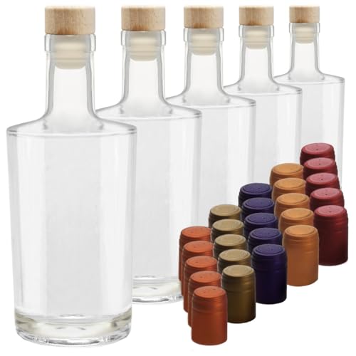 5 Glas Karaffen elegante Flaschen 0,35 L leer für Whisky Gin Cognac zum selbst befüllen mit Korken & 25 farbigen Schrumpfkapseln