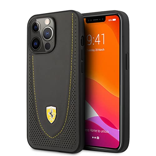 Ferrari Schutzhülle für iPhone 13 Pro in Grau mit gelber perforierter Kurve, Echtleder-Schutzhülle mit einfachem Snap-on, Stoßdämpfung & Signature Logo