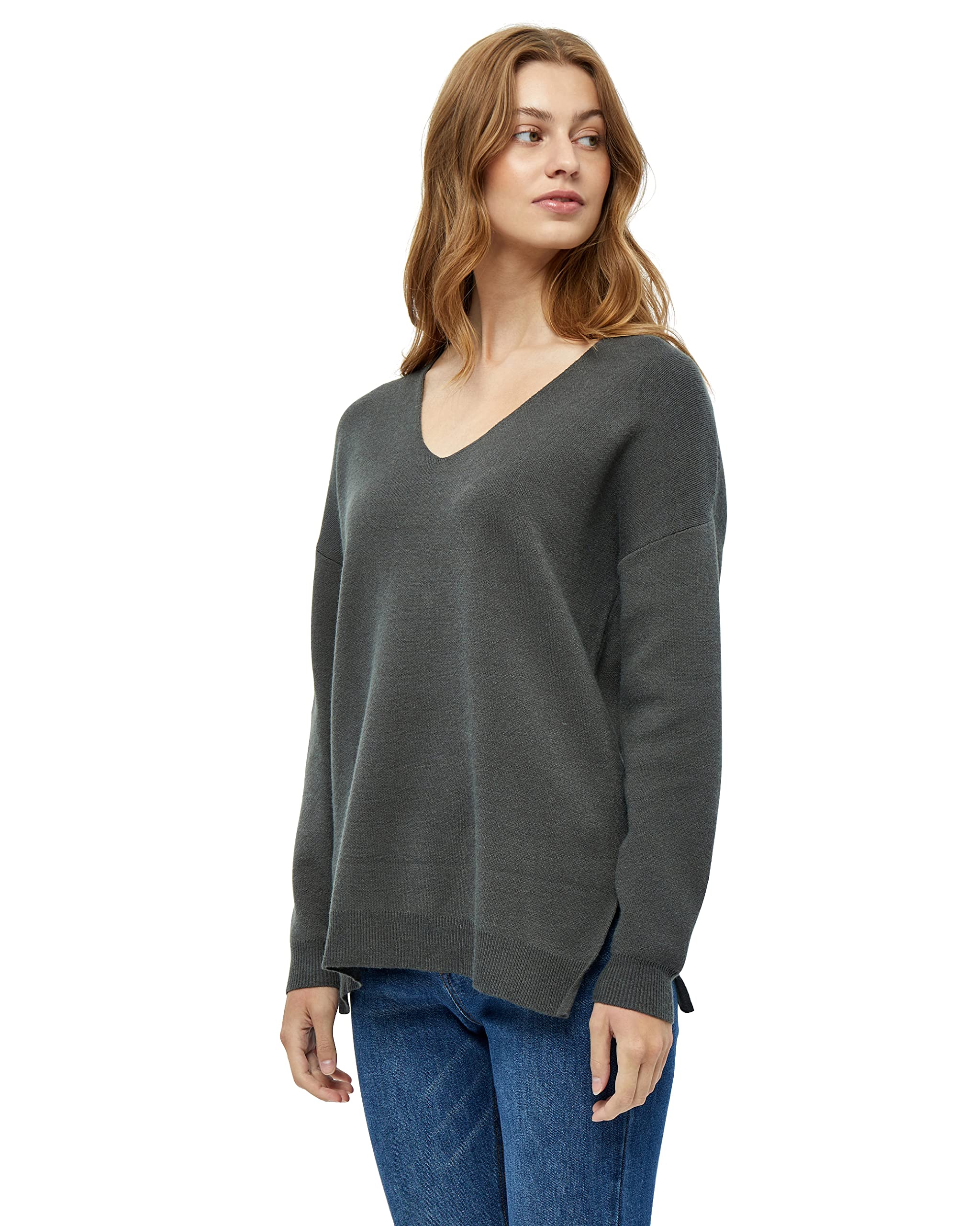 Peppercorn Damen Rosalia V-Ausschnitt Ärmel Strickpullover Grün | Herbst Pulli Größe L Langer Pullover, 3655 Beluga Green, L