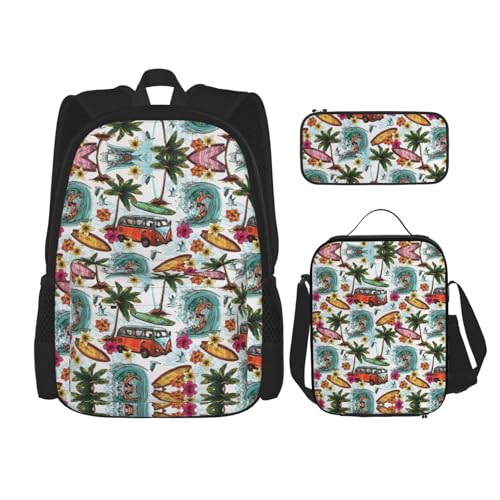 WURTON Rucksack mit hawaiianischem Surfer auf gewelltem Druck, für Mädchen, Jungen, Schultaschen, Teenager, Lunchbox und Federmäppchen, 3-in-1-Büchertaschen-Set