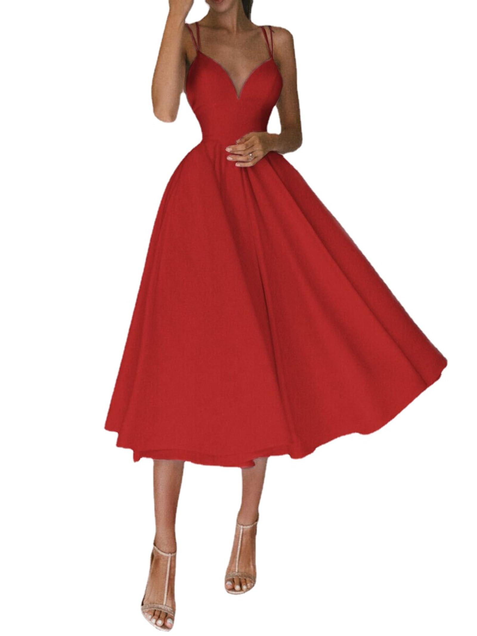 WINDEHAO Elegantes Kleid mit V-Ausschnitt,Damen V-Ausschnitt Spaghetti-Träger Rückenfrei Cocktail Party Kleid Formal Brautjungfer Sonnenkleid (Red,S)