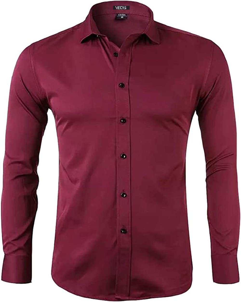 Vecys Herren Unifarbenes langärmeliges Hemd Business Schlank Fit Hemd Bügelleichtes Anti-Knitter-Hemd Herren Hemden aus Bambusfaser für Männer Stretch-Langarm-Shirt(Rot,XL)