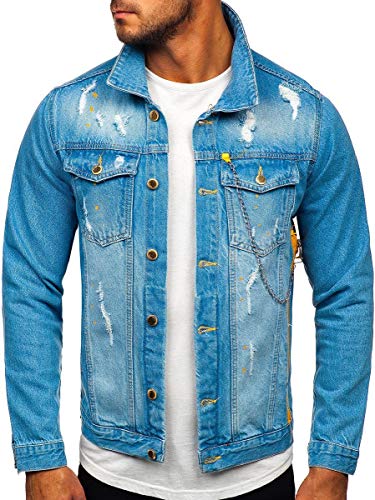 BOLF Herren Jeansjacke Übergangsjacke Trucker Jacket Hoodie Schuljacke Sherpa Jacke Kapuzenjacke Freizeitjacke Denim Vintage Classic 3-4 Blau L [4D4]