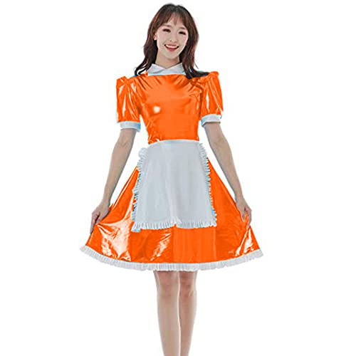 Übergröße Sommer Kurzarm Minikleid Rücken Reißverschluss Kleid Plissee Vestido Tanzen Clubwear mit Schürze, Orange, XS